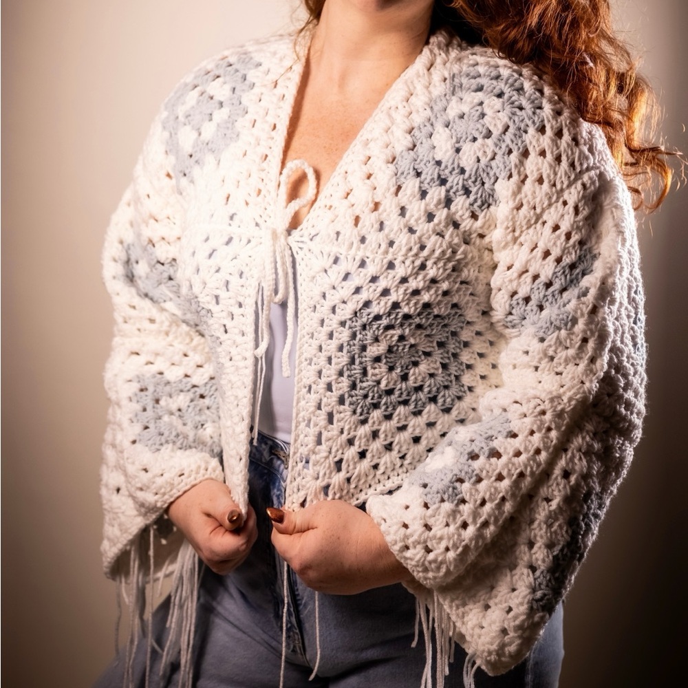 Cozy White and baby blue Crochet Sweater